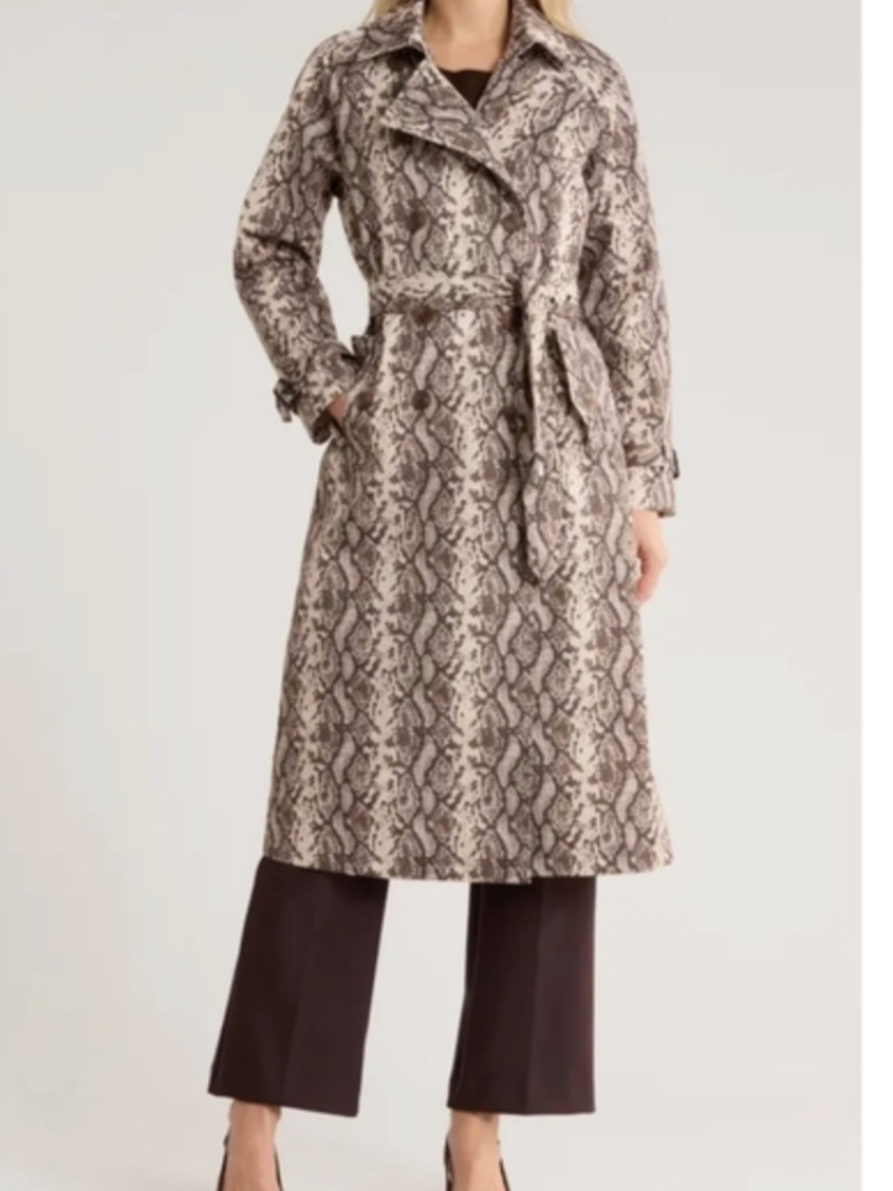 $298 M Women's NWT Rebecca Minkoff Snake Print Belted Trench Coat Brown Beige